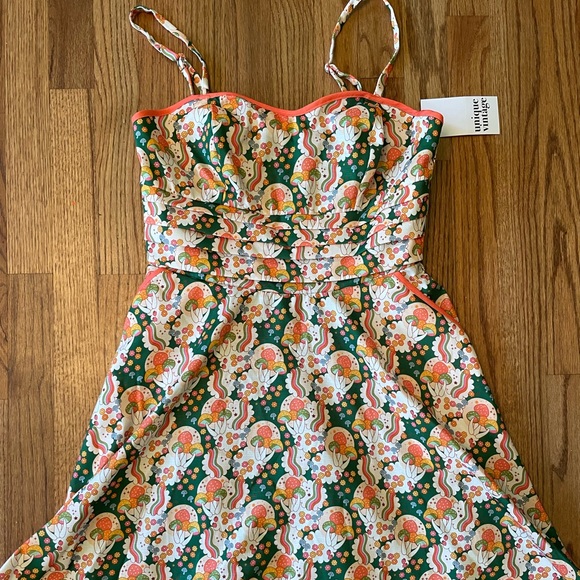 NWT Unique Vintage Follow Your Heart Green and Mushroom Print Dress - Picture 2 of 3